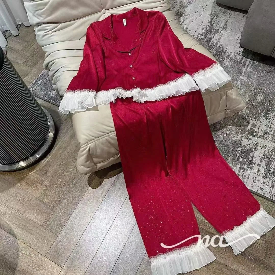 Pijama Feminino 2 Peças Sexy com Babados Manga Longa e Calça de Cetim Solto Casual para Casa