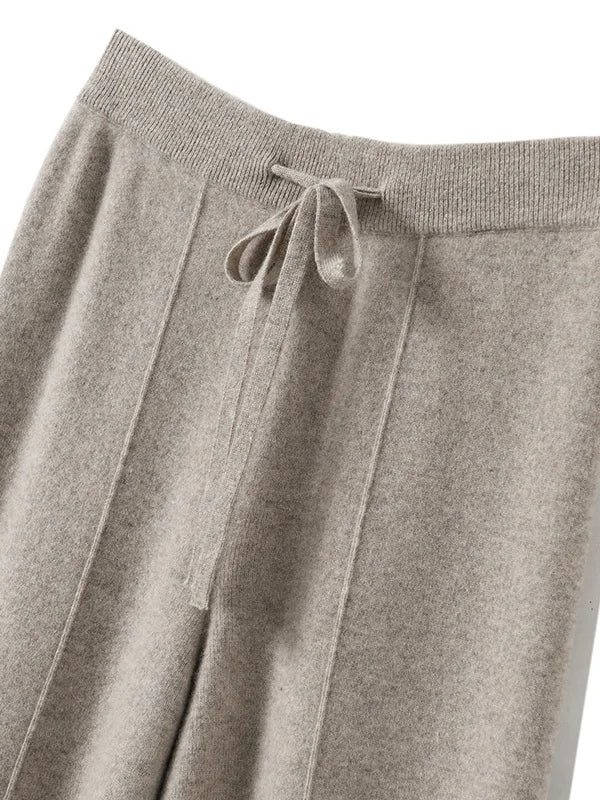 Calça Feminina de Malha Cintura Alta Perna Larga Outono Inverno Comprida Até o Chão Cordão Reta Casual Solta Emagrecedora