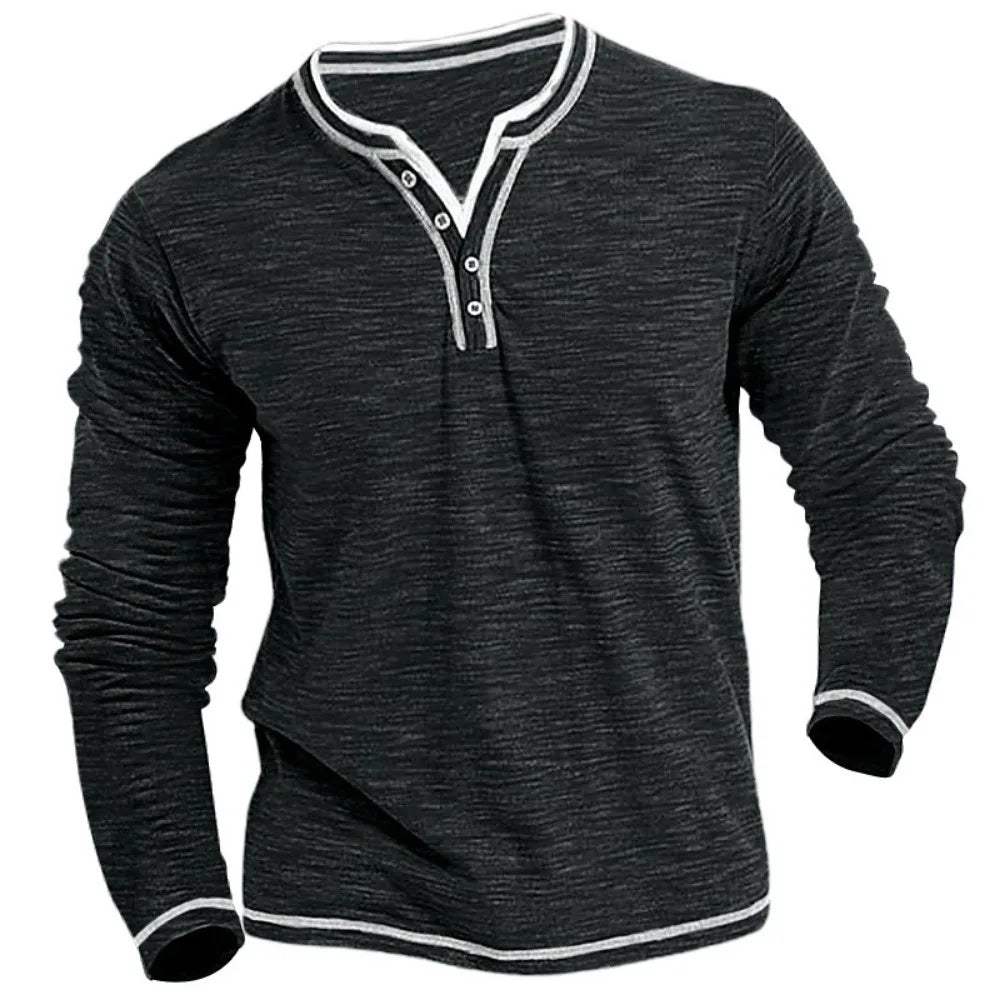 Camisetas Masculinas de Algodão Pequeno Gola V Nova Camiseta Masculina Casual Outono Inverno Confortável Macia Elástica Henley de Manga Comprida