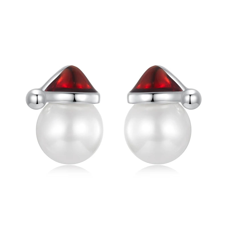 WOSTU 925 Sterling Silver Christmas Snowman Pearl Stud Earrings Xmas Red Hat Reindeer Ear Buckles New year Jewelry Holiday Gift