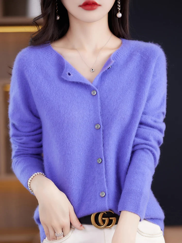 2024 Novo Cardigan Básico Chique Feminino Gola Redonda Suéter de Lã Merino Macio Roupa de Malha Elegante Casaco Primavera Outono Roupas Femininas Tops - Vermelho Shumei XXL