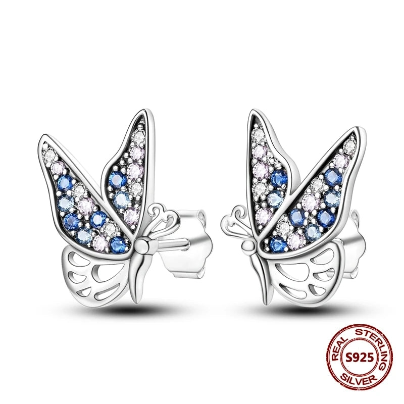 Lucky Clover Earrings 925 Silver Original Zircon Butterfly Dragonfly Chameleons Bee Flower Earrings For Women Jewelry Gift