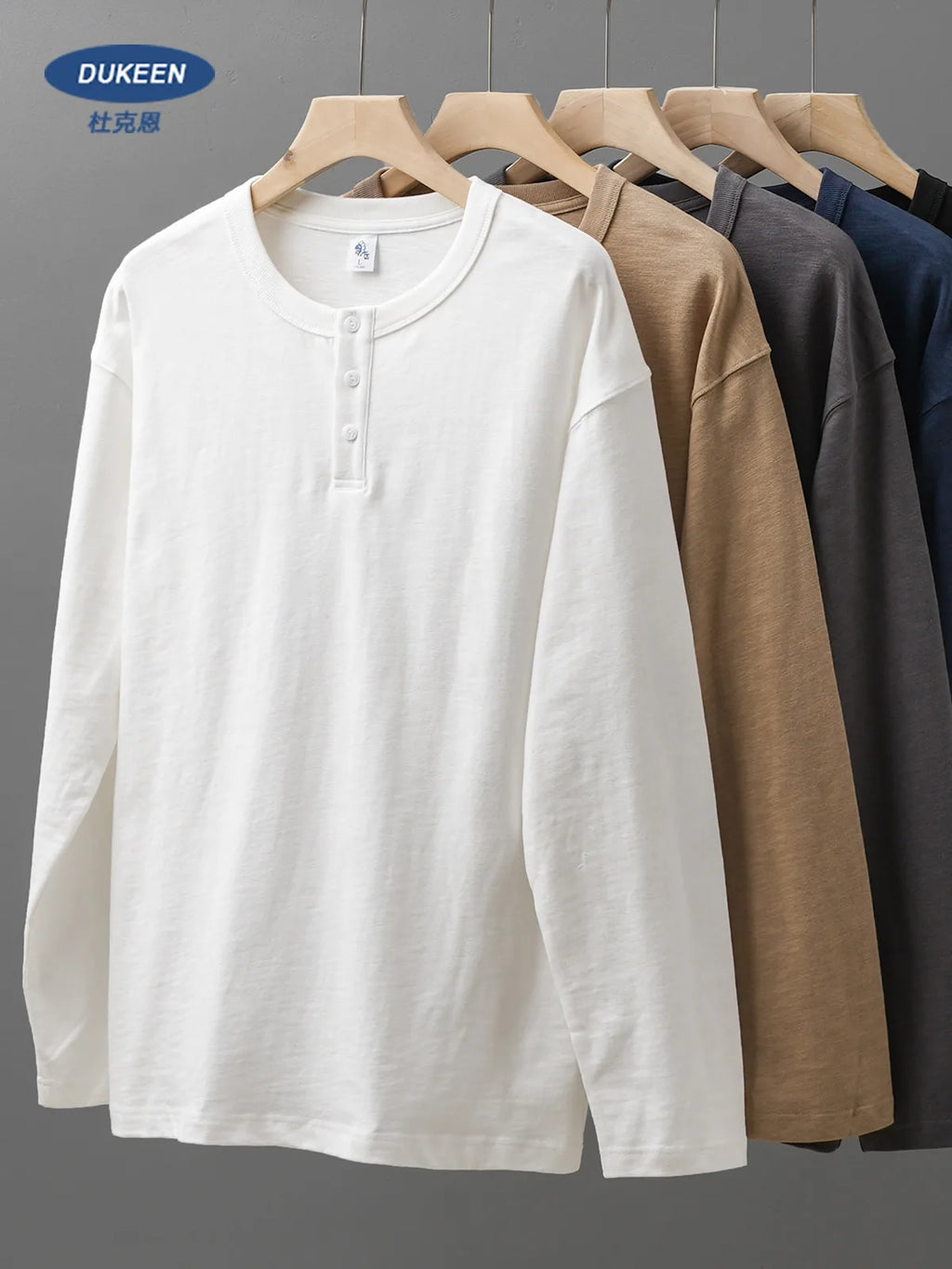 Camiseta Masculina Henley Manga Longa Dukeen 320G Pesada 100% Algodão Primavera Outono Casual Tops Cor Sólida Camisetas