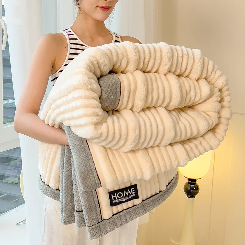 Imitation Rabbit Plush Striped Spring Autumn Warm Blankets Soft Fluffy Warmth Sofa Blankets for Throw Napping Shawl Blanket Leg