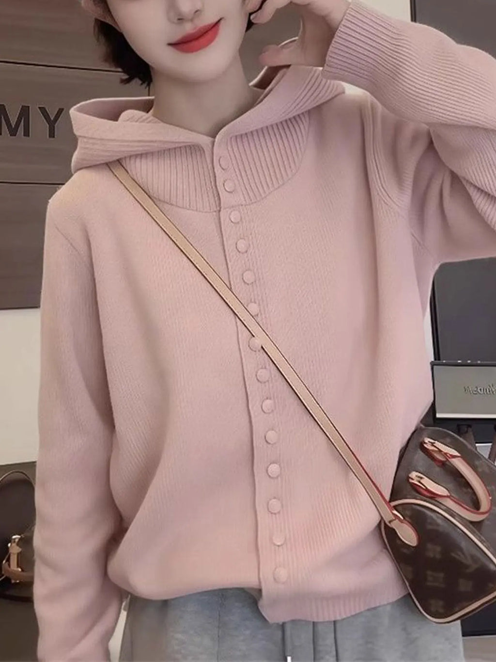 Suéter de Malha Feminino Cinza com Capuz Solto Quente Outono Inverno Cardigã Estiloso Confortável Respirável Blusa