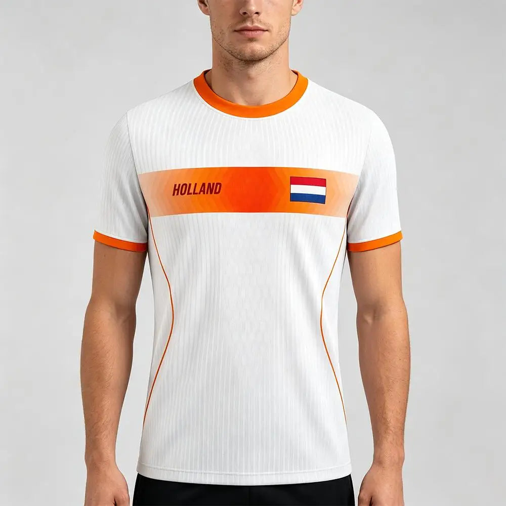 Camisa de Futebol com Estampa da Bandeira da Holanda para Uso ao Ar Livre Casual Respirável Manga Curta Tops Verão Masculina de Academia Esportiva de Treino Camiseta de Futebol