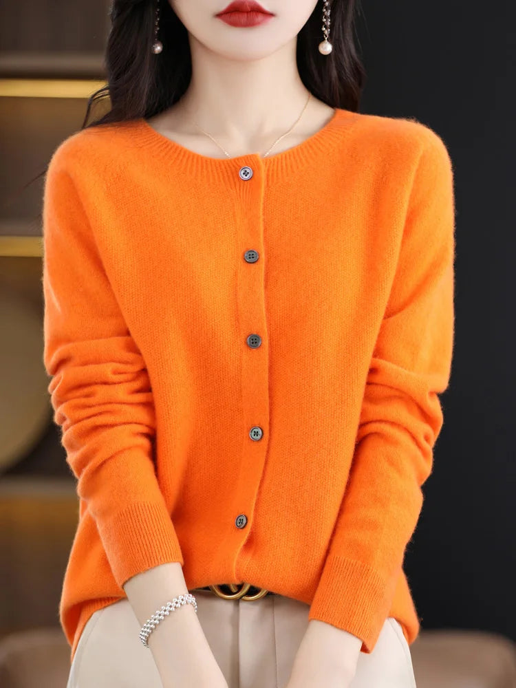 2024 Novo Cardigan Básico Chique Feminino Gola Redonda Suéter de Lã Merino Macio Roupa de Malha Elegante Casaco Primavera Outono Roupas Femininas Tops - Vermelho Shumei XXL