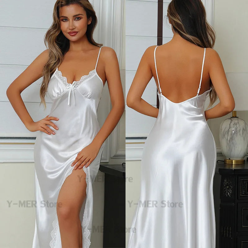 Camisola Branca Sensual Longa Feminina Cetim Lingerie Verão Novo Vestido de Casa Loungewear Pijama Mulher Nuisette Sexy De Nuit