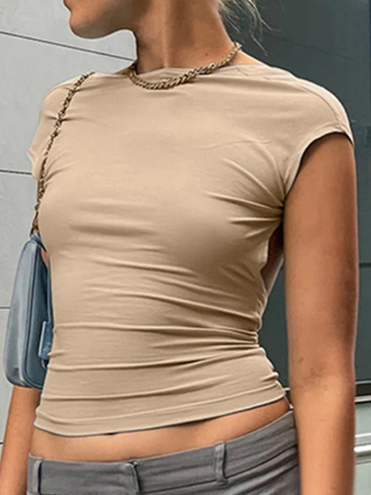 Blusa Feminina Manga Curta Sem Costas Várias Formas de Usar 2025 Justa Básica Verão Slim Cropped Recorte Camiseta Sexy Top Cropped - Cáqui M