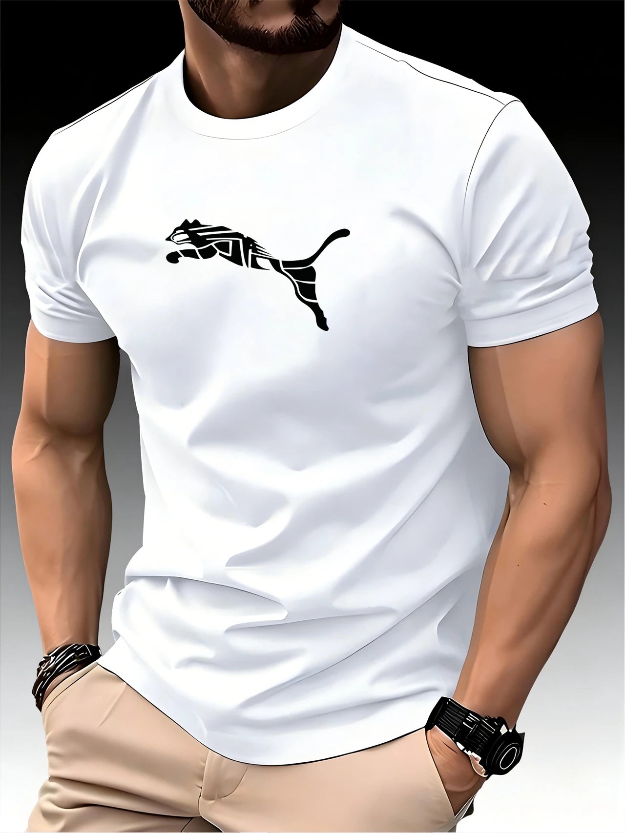 Camiseta Masculina Estampa Leopardo Raposa Gola Redonda Casual Estilo Y2K Fitness Esportiva