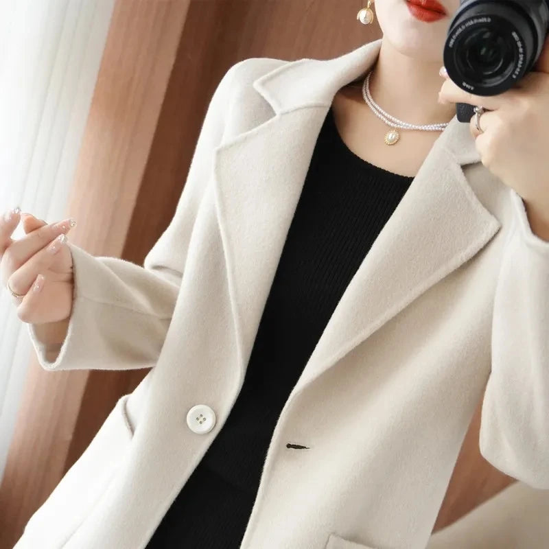 Jaqueta Feminina Casaco De Lã Cashmere Dupla Face 100% Pura Lã Outono Inverno Novo Casaco Corta-Vento De Lã Slim De Um Botão De Comprimento Médio