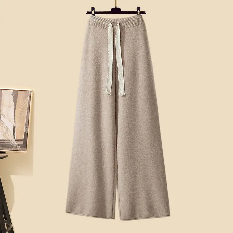 Conjunto Feminino de Tricô Moda Três Peças Outono Novo Estilo Preguiçoso Cardigã Aberto Calças Wide Leg Slim