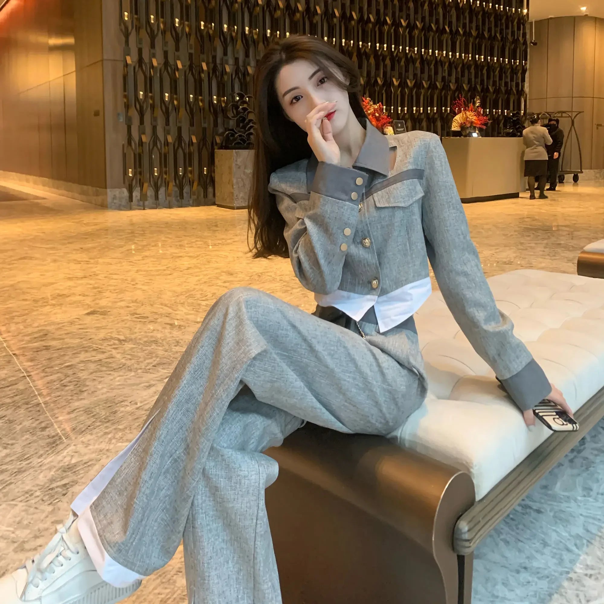 Calça Feminina Escritório Cinza Para o Trabalho Conjuntos de Top e Calça para Mulheres 2 Peças Profissional Primavera Outono Estilo Coreano Luxo Completo