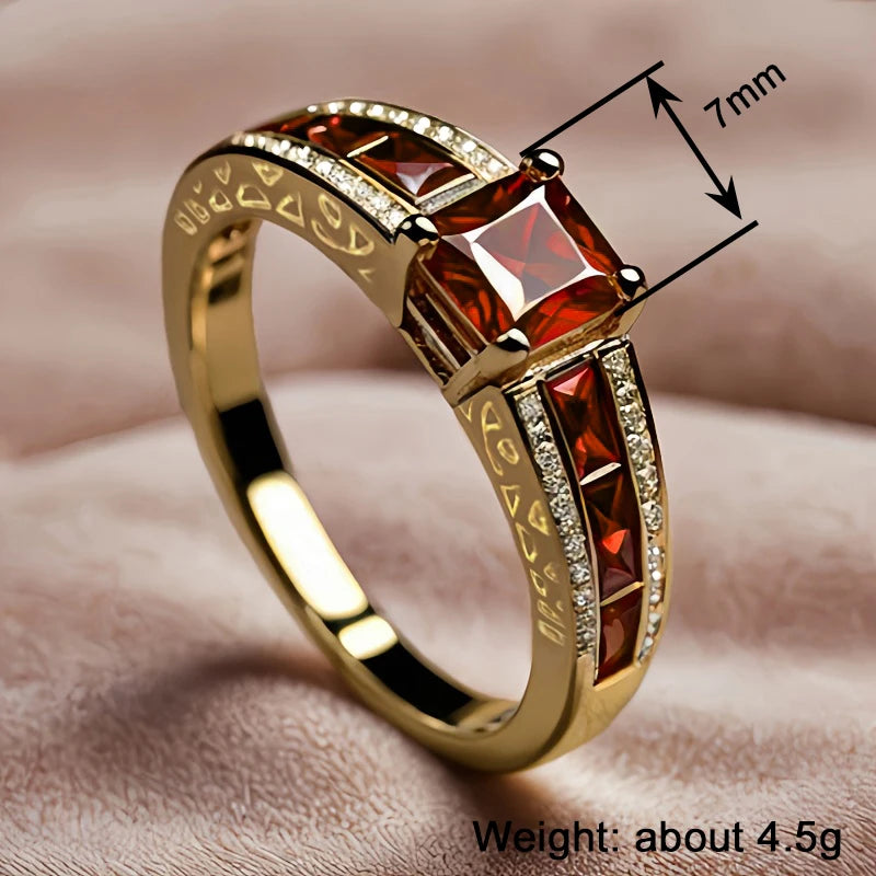 Huitan Princess Garnet Cubic Zirconia Rings for Women Luxury Gold Color Wedding Band Accessories Elegant Lady’s Party Jewelry