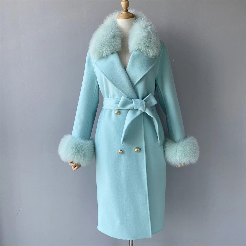 Jxwatcher Cashmere Lã Casaco Primavera Real Fox Colarinho Casaco de Lã de Trincheira Mulheres Inverno Casaco Quente Venda Longo Estilo Casacos de Lã