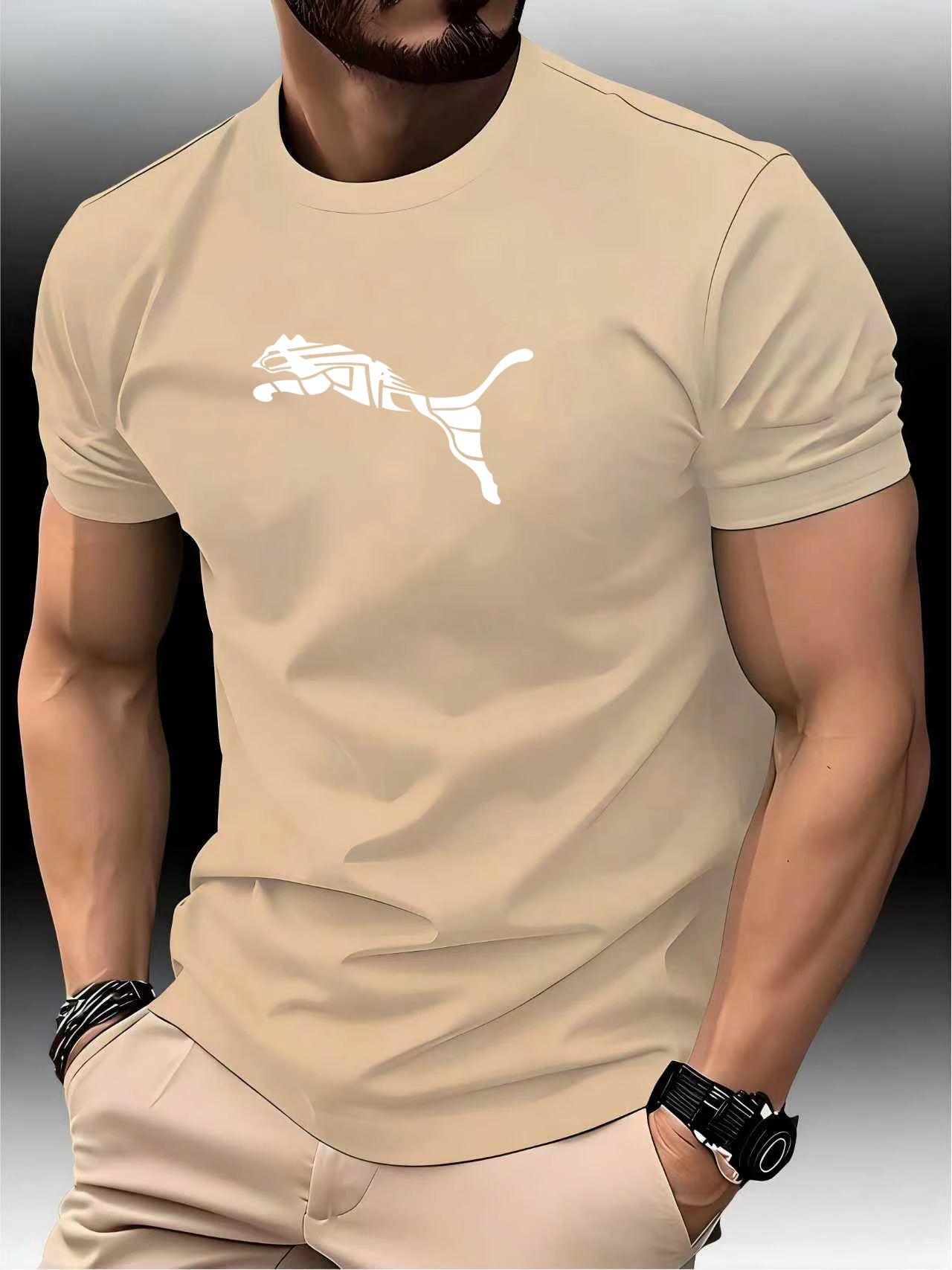 Camiseta Masculina Estampa Leopardo Raposa Gola Redonda Casual Estilo Y2K Fitness Esportiva