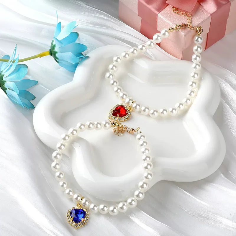 Pet Rhinestone Collar Adjustable Cat Princess Pendant Pearl Necklace Dog Sweet Decorations Puppy Gem Jewelry Accesorios