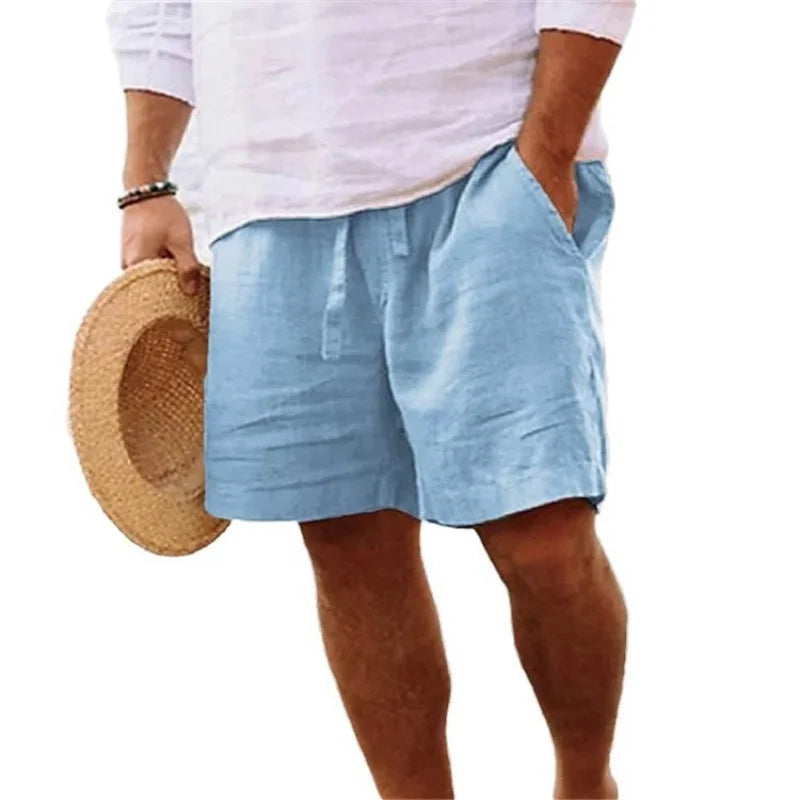 2025 Nova Coleção de Verão Masculina, Shorts Casuais de Algodão e Linho Respiráveis, Calças de Praia Estilo Havaiano, Cor Sólida, Soltas e Versáteis, Moda Streetwear Masculina