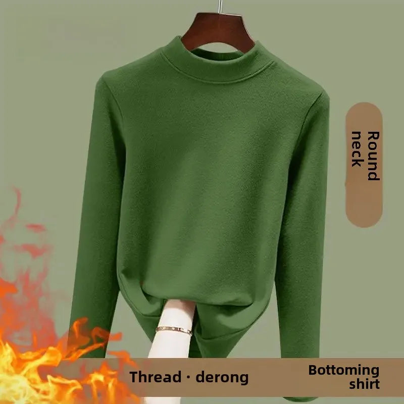 Warm Long Sleeve Crew Neck T Shirt Fashionable Spring Commute Thermal Base Layer Shirt Single Dual Threaded Velvet Polyester Fib - L ([recommended 50.00 kg-57.50 kg]) Elegant green [A046 single piece]]