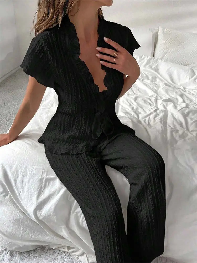Roupa Loungewear Moda Clássico Decote V Profundo Alças Pijama Feminino Sexy Puro Desejo Confortável
