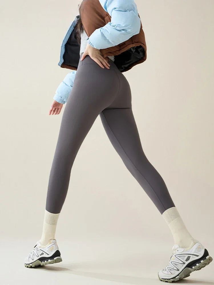 New Autumn Winter Rabbit Fleece Sharkskin Leggings Women Casual Basic Thicken Warm Leggings Brown Fleece Lined Tights - Boba Tea S