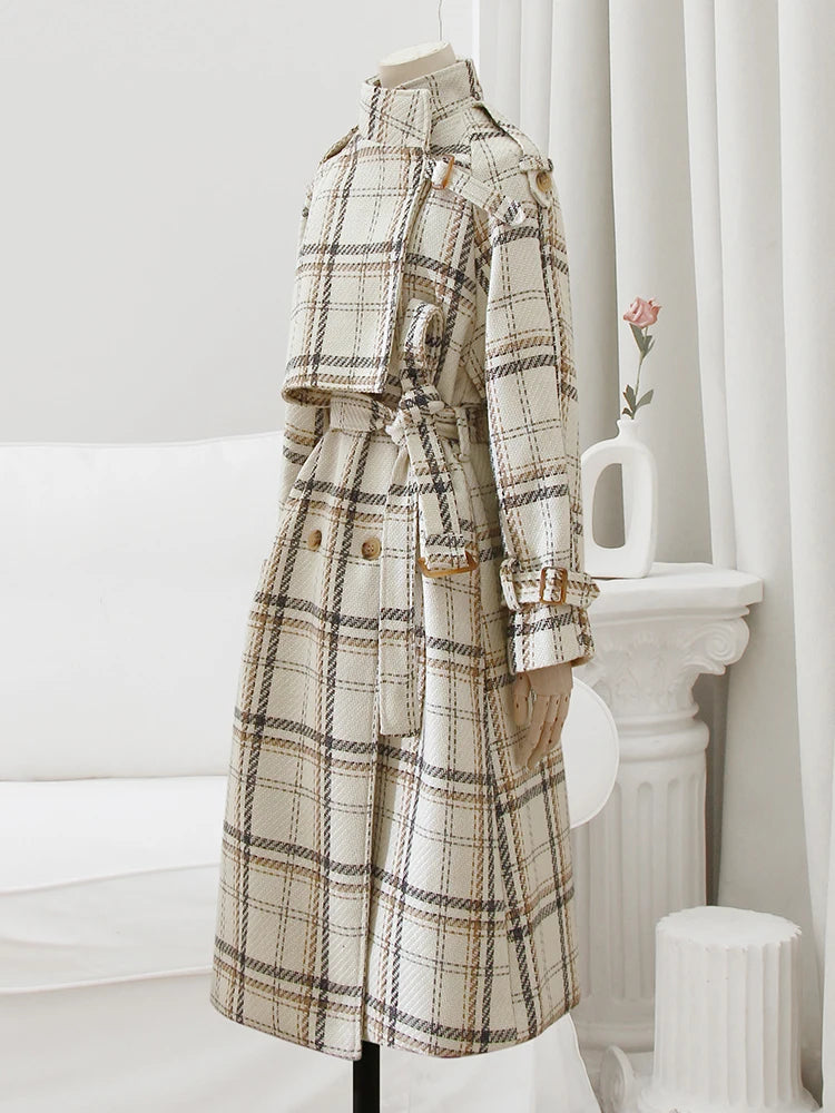 Lautaro Outono Inverno Longo Solto Quente Xadrez Lã Misturada Trench Coat para Mulheres Manga Raglan Cinto Abotoamento Duplo Sobretudo de Lã