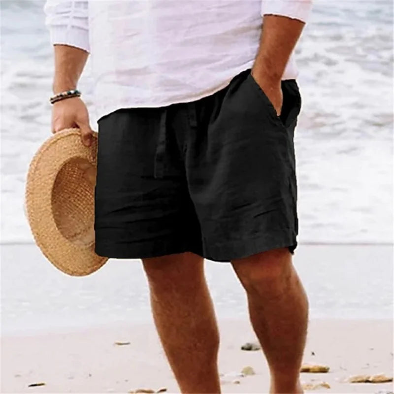 2025 Nova Coleção de Verão Masculina, Shorts Casuais de Algodão e Linho Respiráveis, Calças de Praia Estilo Havaiano, Cor Sólida, Soltas e Versáteis, Moda Streetwear Masculina