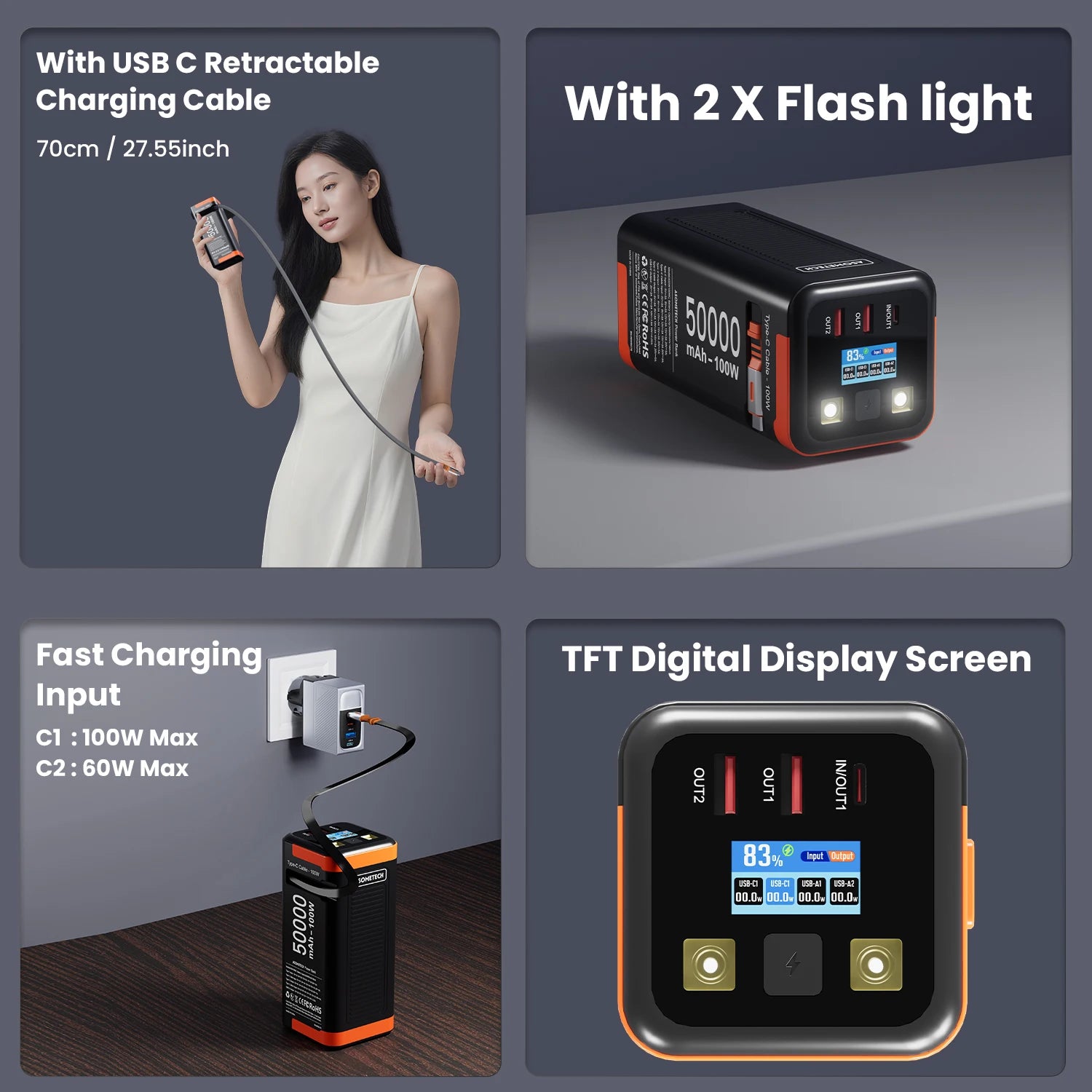 Power Bank 50000mAh 100W Super Fast Charging Portable Retractable Cable