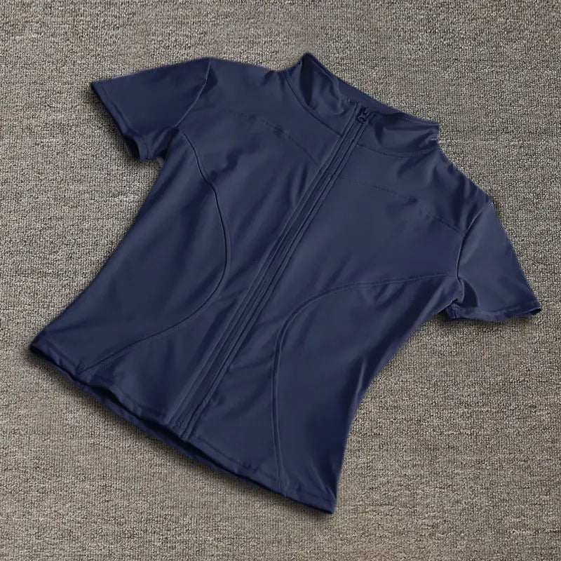 Verão de Alta Qualidade Modelador de Cintura Tops de Treino Feminino de Secagem Rápida Justo Gola Alta Zíper Completo Manga Curta Camisas de Yoga
