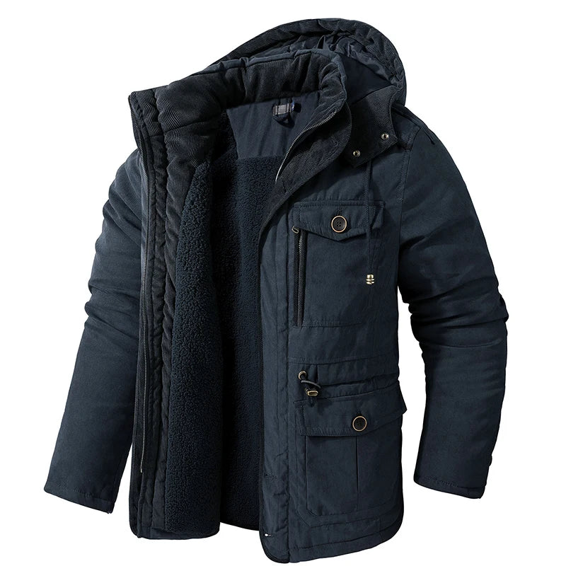Parkas Masculinas Grossas Jaqueta Quente de Inverno Casaco de Lã com Cashmere Militar ao Ar Livre Acolchoado de Algodão Quebra-Vento Masculino Agasalho com Capuz