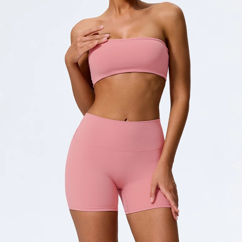 Conjunto Fitness Duas Peças Verão Esportivo Feminino Roupa de Treino Yoga Sutiã Tomara que Caia Feminino 2 Peças Top Curto para Academia Esportivos Mujer Conjuntos de Ginástica