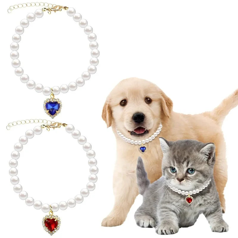 Colar de Strass para Animais Ajustável Gato Princesa Pingente Colar de Pérolas Cão Decorações Doces Filhote de Cachorro Joias Gemas Acessórios