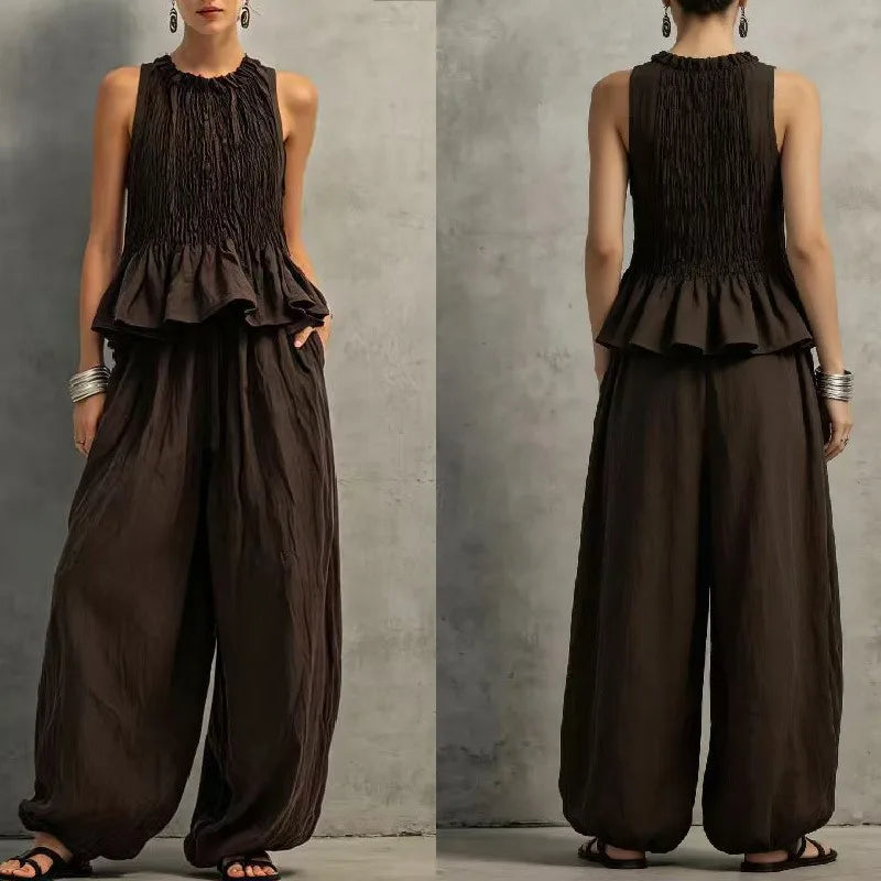 Conjunto Feminino Vintage 2 Peças Retrô, Blusa Plissada com Elástico Franzido sem Mangas e Calças Wide Leg com Manga Bufante, Conjunto Casual de Verão para Descansar em Casa