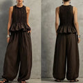 Conjunto Feminino Vintage 2 Peças Retrô, Blusa Plissada com Elástico Franzido sem Mangas e Calças Wide Leg com Manga Bufante, Conjunto Casual de Verão para Descansar em Casa