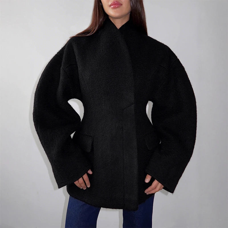 Sobretudo Feminino de Lã Longo com Cintura Ajustada Ombreiras Gola Alta Bolso Casacos 2026 Primavera Novo Agasalho de Trajeto para Mulher - Apenas cachecol L