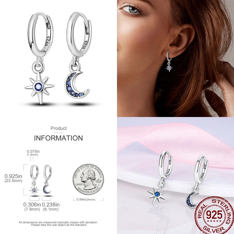Brinco Feminino de Prata Esterlina 925 com Charm da Série Céu Estrelado Lua Universo Zircônia Brilhante Azul Joia para Uso Diário