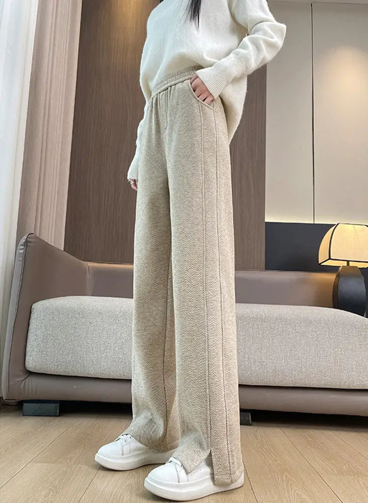 Calças Femininas de Lã Grossa Reta de Cintura Alta Perna Larga Outono Inverno Casual Design de Bolso Mistura de Algodão 1 - 4xl recomendado 72.5-80kg Cor Aveia [primavera e outono]