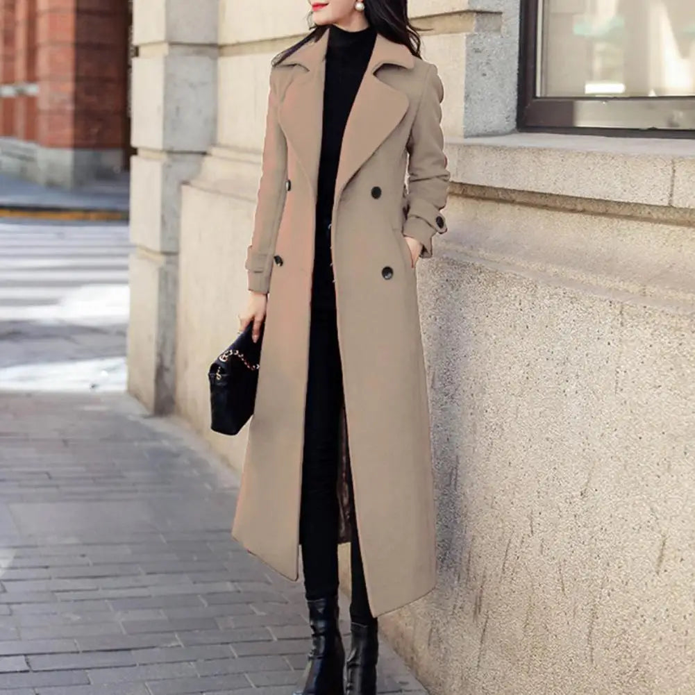 Sobretudo de Inverno Elegante Abotoamento Duplo Cinto na Cintura Jaqueta Longa de Lã Moda Térmica Grossa Feminina Trench Coat de Lã de Inverno