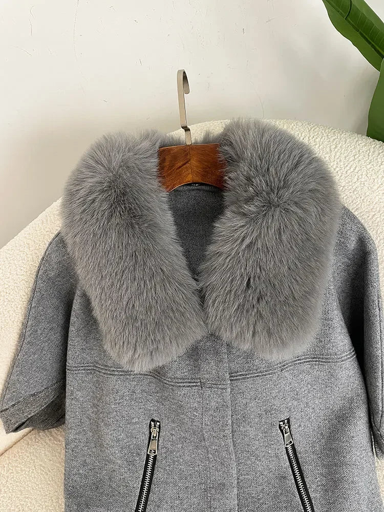 OFTBUY New Autumn and Winter Women Cardigan Short Knitted Sweater Solid Color with Faux Fur Collar Three Quarter Sleeves Coat