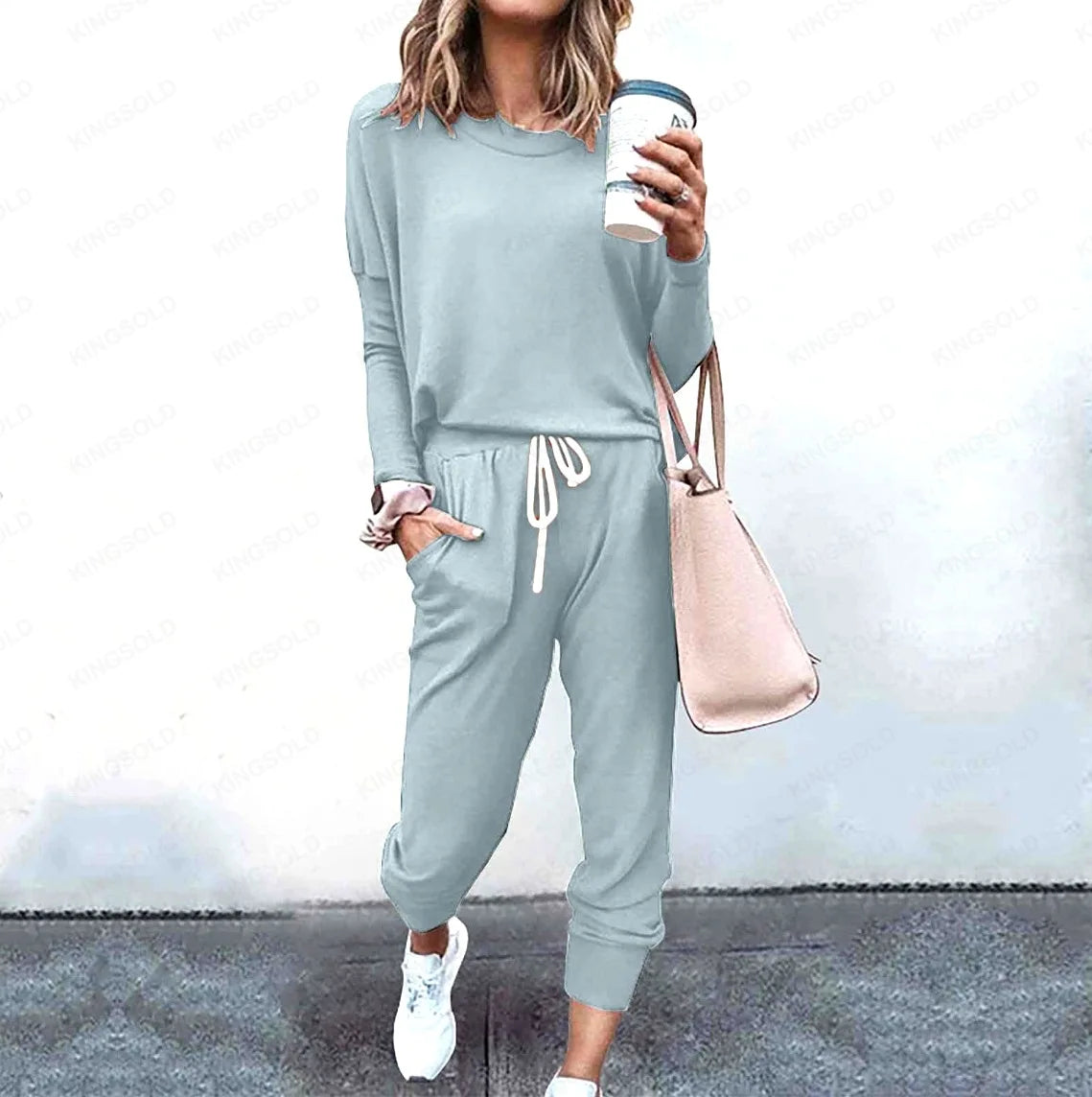 Conjunto Feminino Casual de Duas Peças com Blusa de Manga Comprida e Calça com Cordão para Ficar em Casa