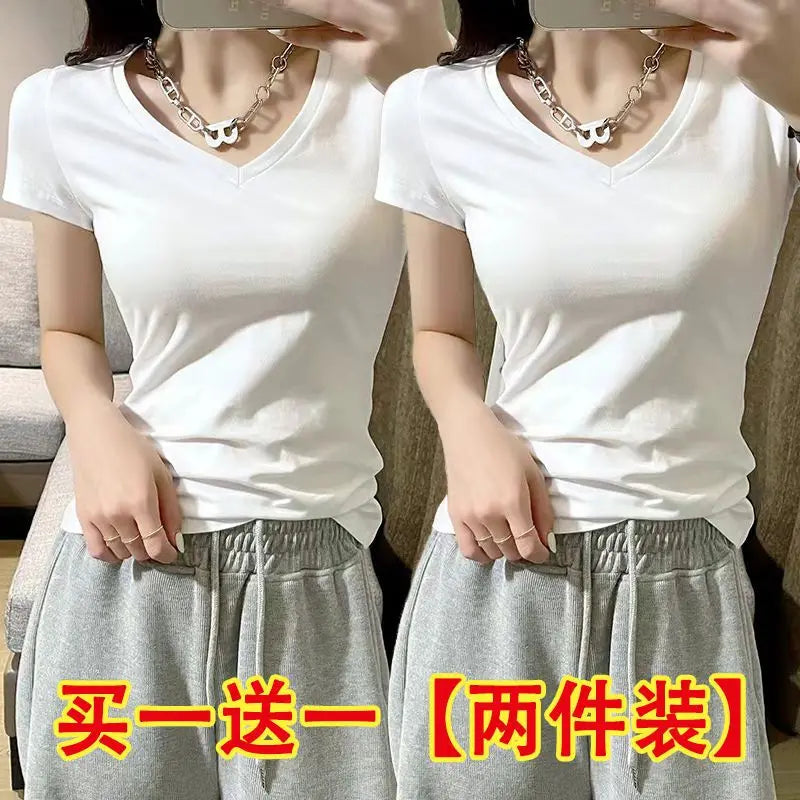 Camiseta Feminina de Verão Slim Fit Manga Curta Meia Manga Camisa Base Camada Base Versátil Fibra de Poliéster de Alta Qualidade Deslocamento - M V branco + v branco [2 peças]