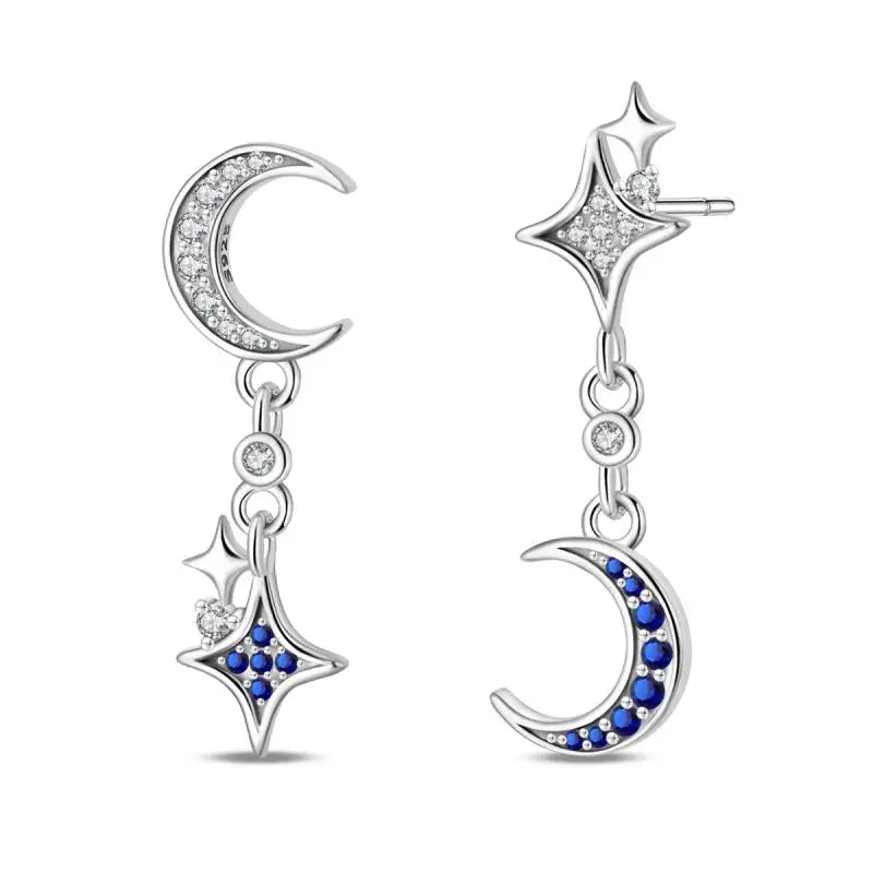 925 Sterling Silver Moon Universe Starry Sky Series Charm Earrings Women Blue Shiny Zircon Daily Wear Jewelry