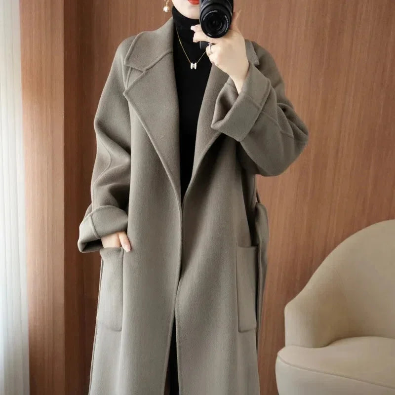 Sobretudo 100% Lã Feminino 2026 Moda Outono/Inverno Temperamento Casacos de Cashmere Dupla Face com Cinto Sobretudo Longo Elegante