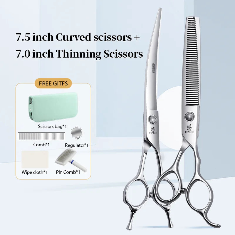 Conjunto Profissional de Tosas Domésticas para Animais de Estimação Fenice Tesouras Retas Curvas de Desbaste e Tosa de 6/6,5/7/7,5 Polegadas com Parafuso de Rolamento para Cães/Gatos