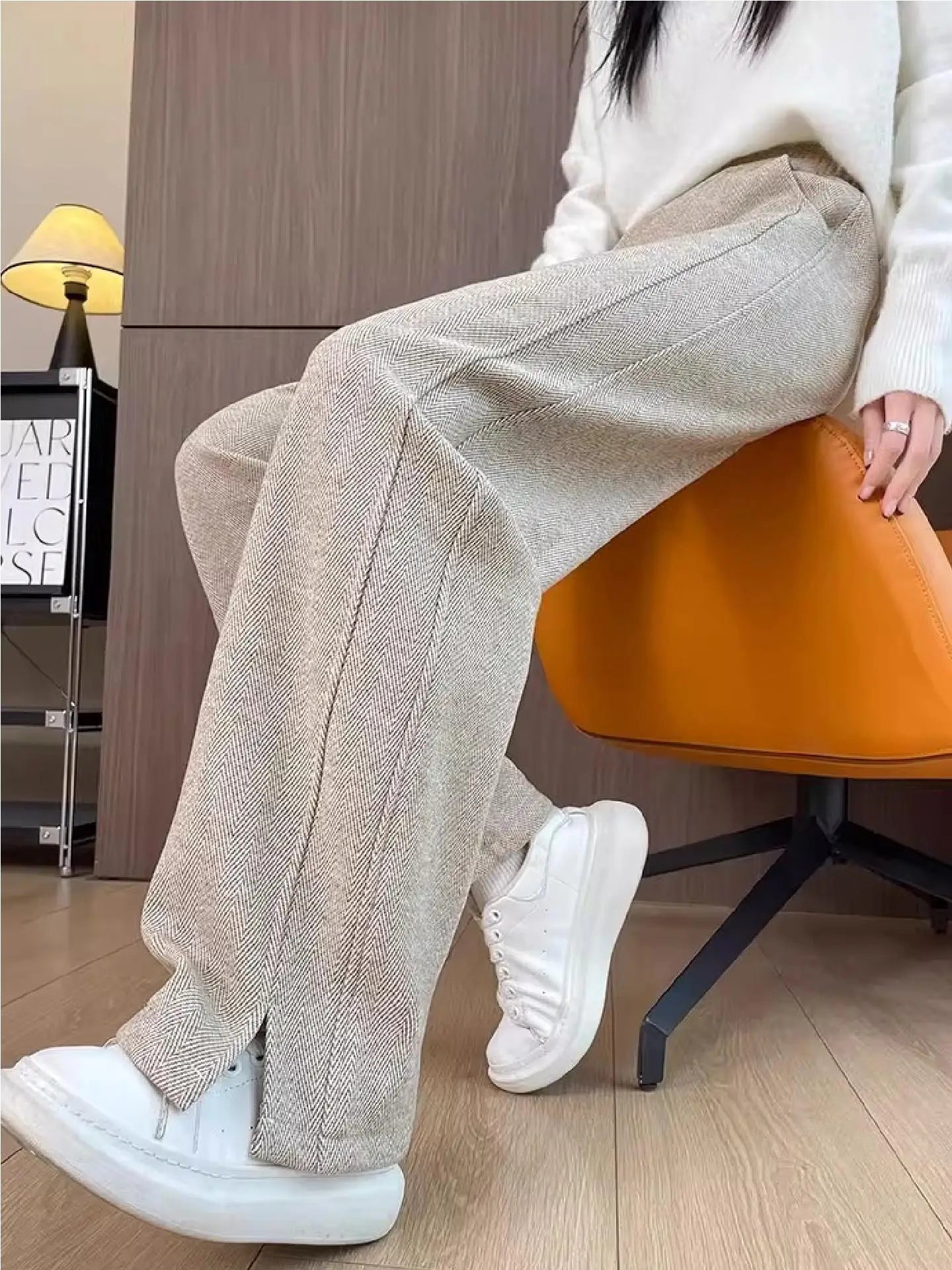 Calça Feminina de Lã Grossa Reta de Cintura Alta Perna Larga Outono Inverno Casual com Bolsos de Algodão Misturado
