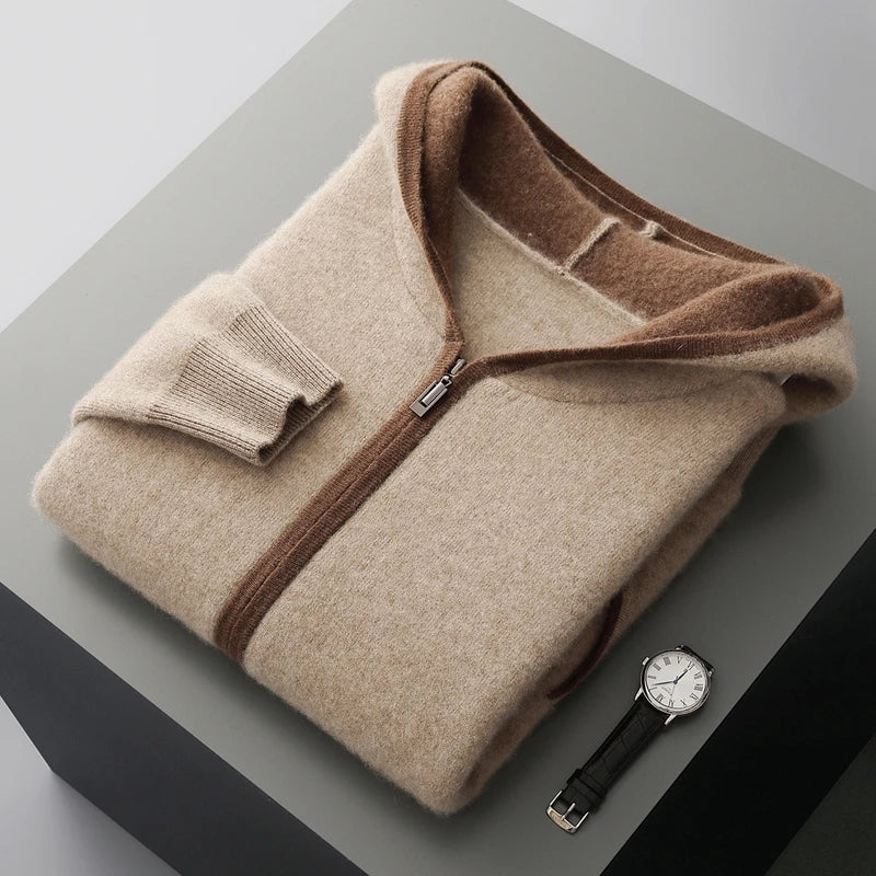 Outono Inverno Novo Suéter de Caxemira 100% Blusão Masculino Cardigã com Zíper e Capuz em Camada de Ar Engrossado Bloco de Cores Suéter de Tricô Jaqueta