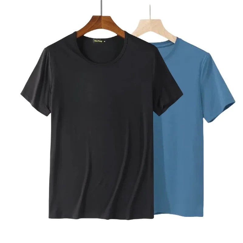 2 Pacotes de Camisetas de Fibra de Bambu com Gola Redonda Manga Curta Clássica Absorvente de Suor para Academia Masculina Regata Cor Sólida Preta Nova