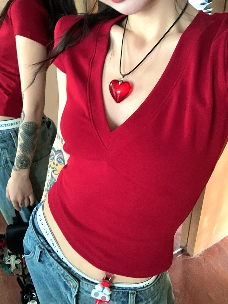 Blusa feminina casual com decote em V, manga curta, camiseta preta de verão justa e sexy, blusa básica sólida, moderna, streetwear - cinza XL