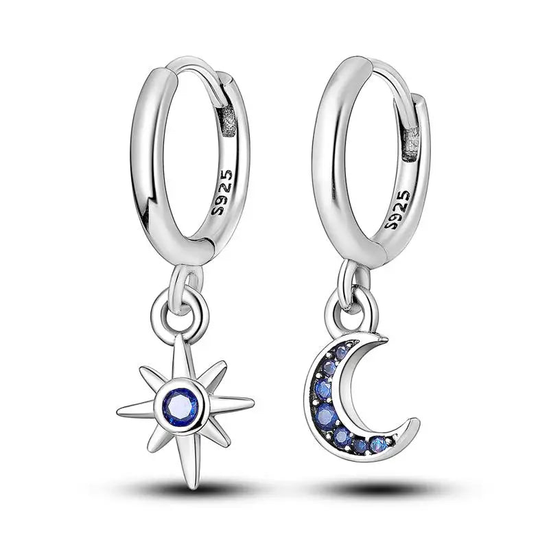 Brinco Feminino de Prata Esterlina 925 com Charm da Série Céu Estrelado Lua Universo Zircônia Brilhante Azul Joia para Uso Diário