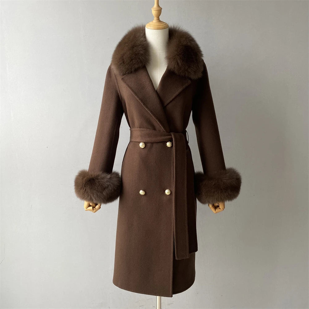 Jxwatcher Cashmere Lã Casaco Primavera Real Fox Colarinho Casaco de Lã de Trincheira Mulheres Inverno Casaco Quente Venda Longo Estilo Casacos de Lã